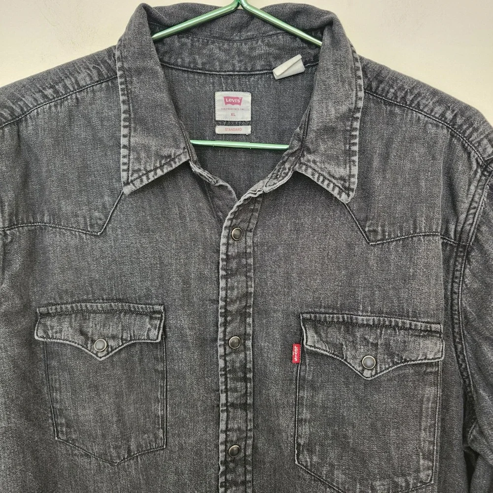 ☘️Levis Mens XL Barstow Western Denim Shirt Washed Black Snap Button Long Sleeve